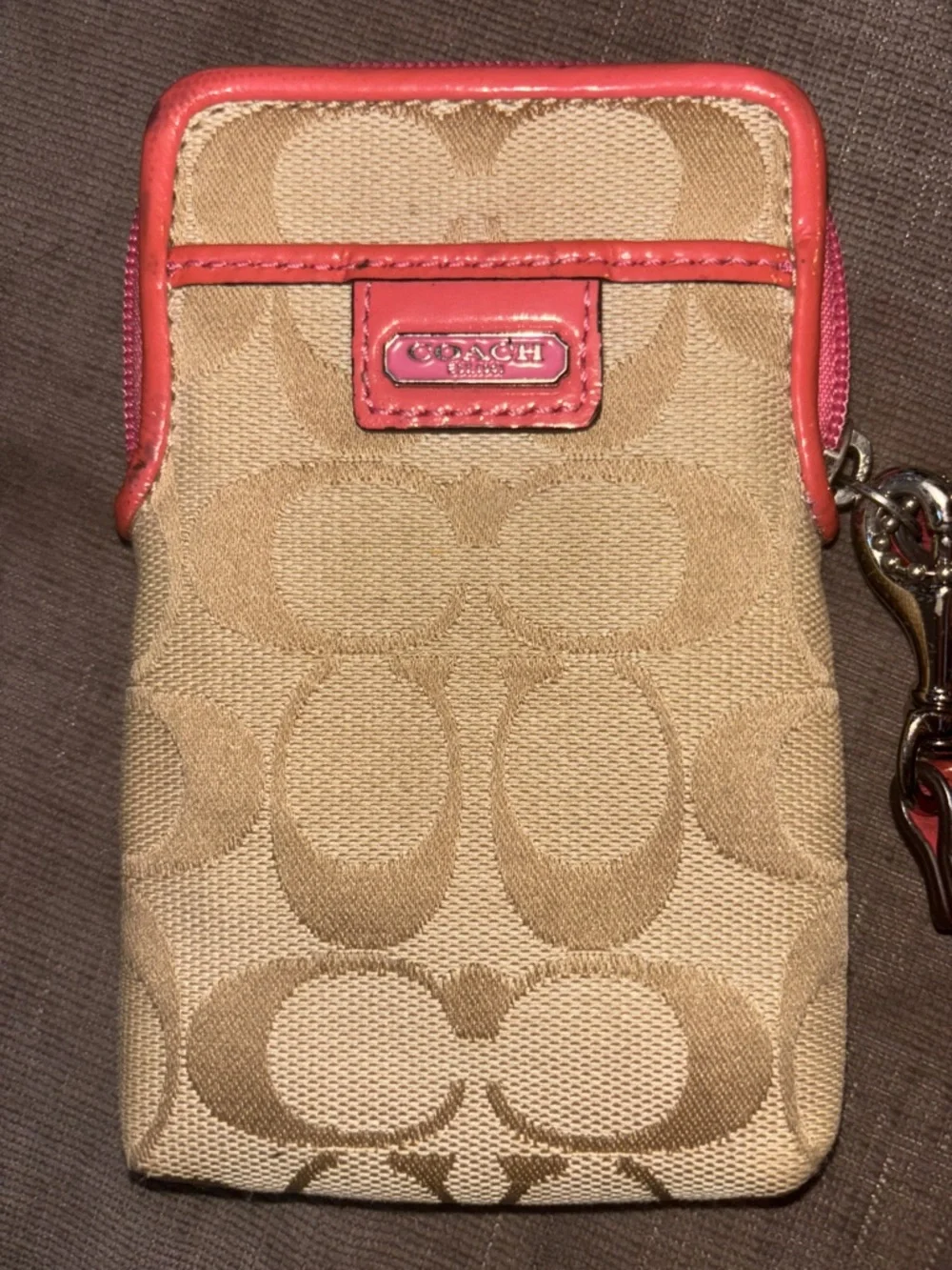 Coach Beige Signature Canvas Wristlet with Coral Trim